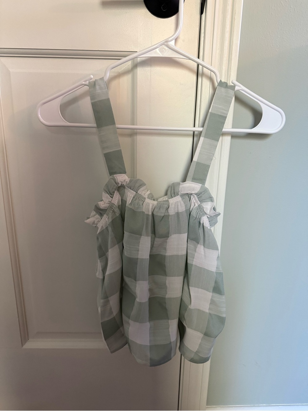 Women’s Sage Green Gingham Ruffle Strap Tank Top